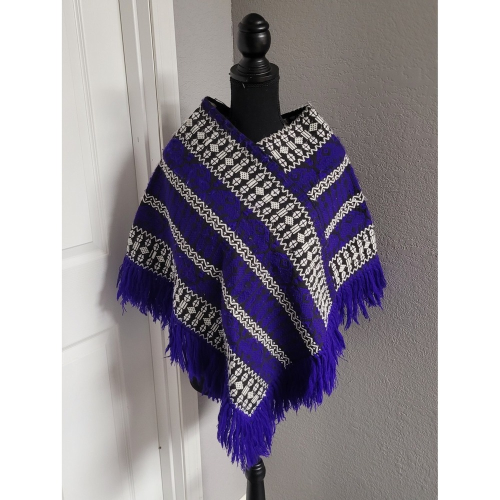 Americana Purple & White Fringed Poncho Women's One Size